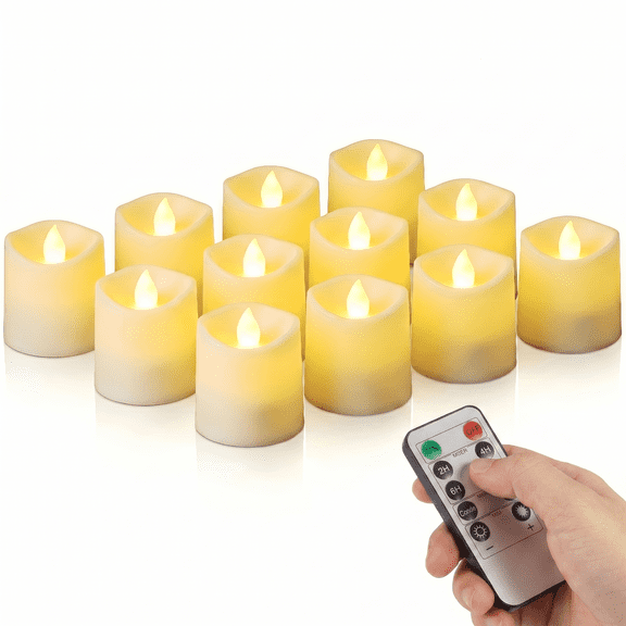 Goyuon 12-Pack White Votive Candles with Remote - Flameless, Timer, Battery Operated, Unscented Electric LED Tea Lights for Bulk decorative Needs