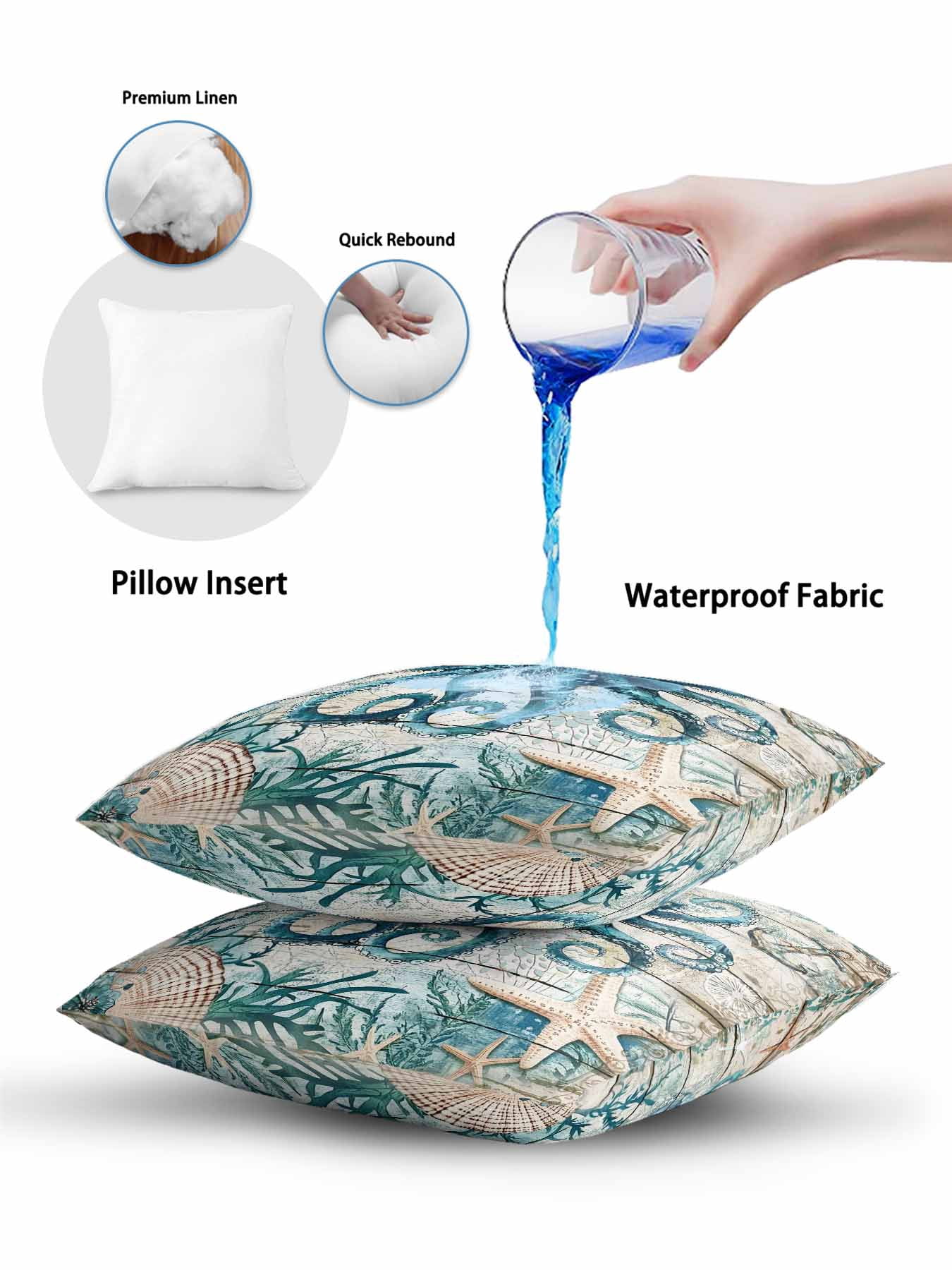 Outdoor Pillows Waterproof, Teal Octopus Coastal Bedding Throw Pillows with Insert for Couch Sofa Bed, Summer Beach Nautical Starfish Retro 18x18 Inch Pillowcases Decorative Patio Pillow Set of 1