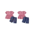 thumbnail image 2 of BemeyourBBs Toddler Baby Girl Summer Clothes Denim Outfits Plaid Short Sleeve Tunic Shirt Tops Strawberry Bowknot Floral Embroidery Jeans Shorts Set, 2 of 9