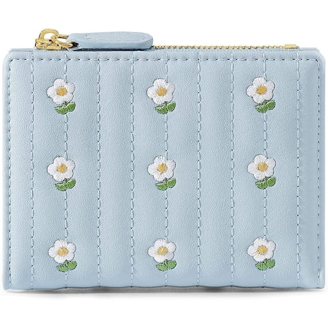 Cartera con estampado de flores lindas para niñas, cartera estética pequeña de tres pliegues, monedero de cuero de PU, bolsillo para tarjetas, monedero con ventana (azul)