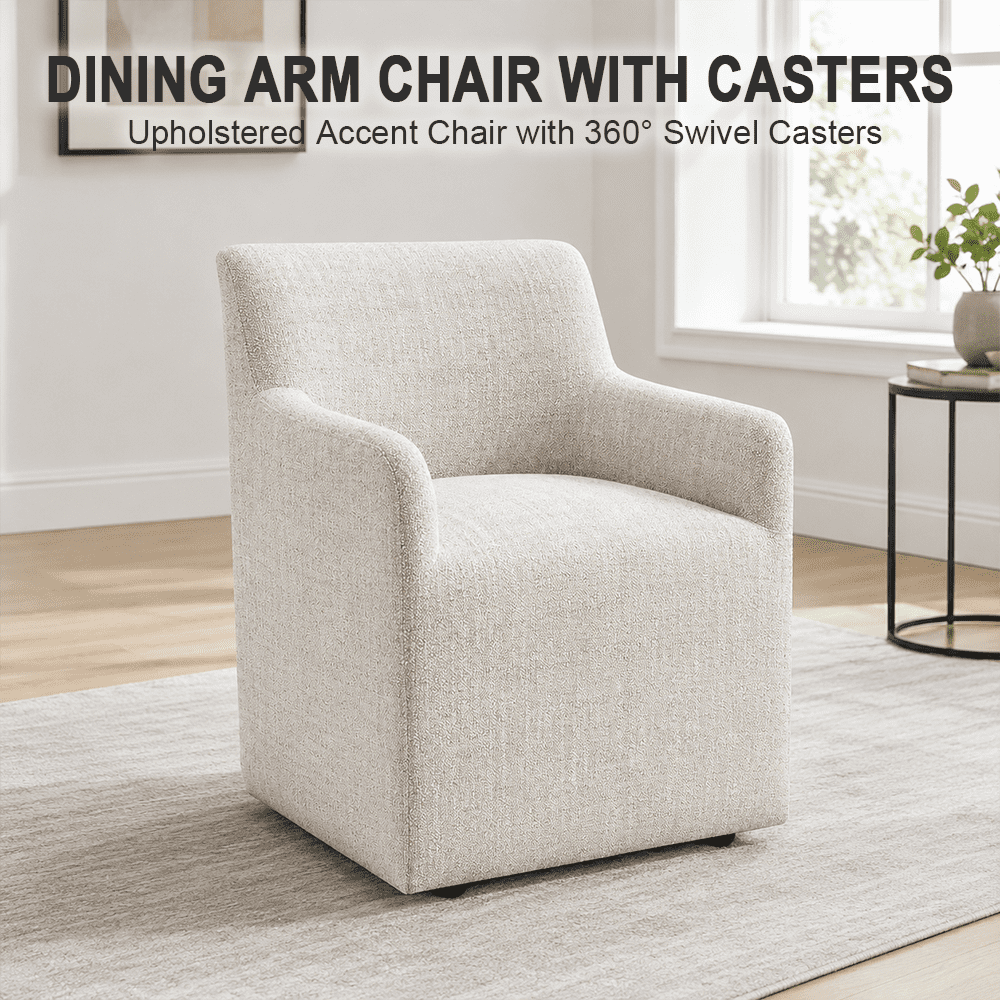 Aenkyo Upholstered Dining Arm Chair with Casters, Barrel Back Rolling Accent Chair, Ginger Brown