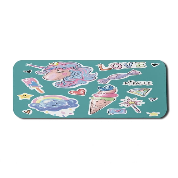 Fantasy Computer Mouse Pad, Fairy Unicorn Ice Cream Hearts Popsicles Rainbow Clouds Candy Magic, Rectangle Non-Slip Rubber Mousepad Large, 31" x 12", Cadet Blue and Multicolor, by Ambesonne