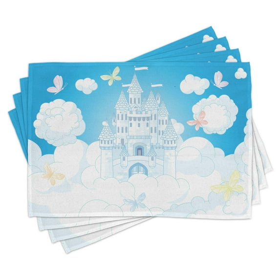 Ambesonne Tale Place Mats Set of 4, Castle Butterfly, Standard Size, White and Sky Blue