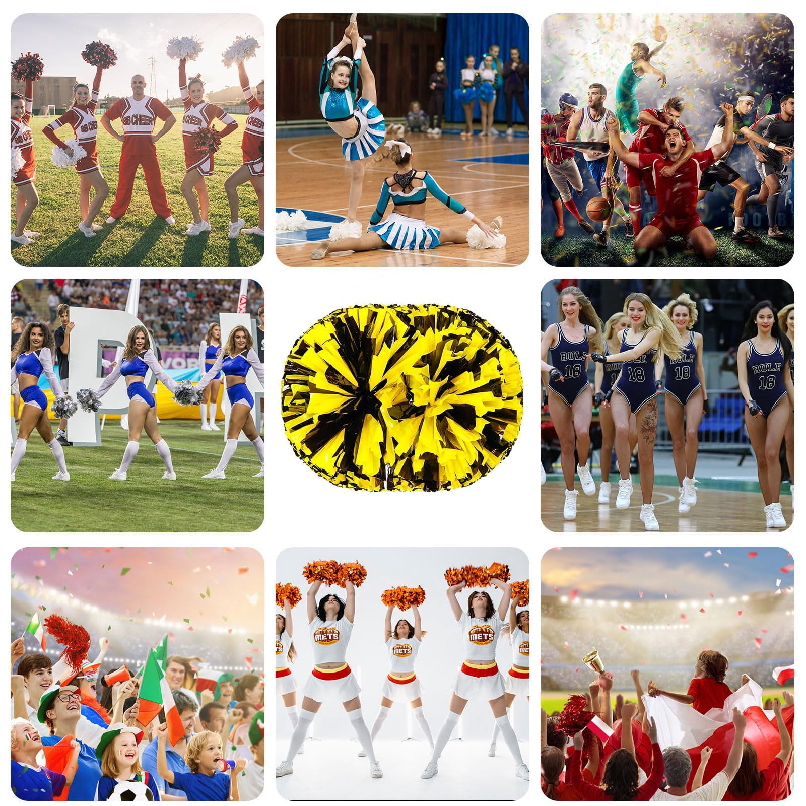 Cheer Pom Poms 12 Pcs with Handle, Cheerleading Handheld Squad Pompoms for Sports Team Cheer Spirit Games Dance Party Adults