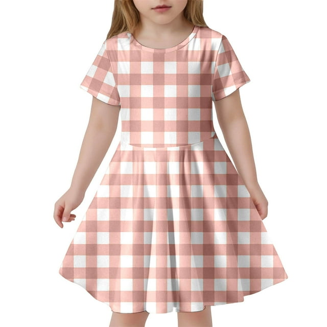 LUOGENLI Robe Mode pour Enfants à Carreaux Ajustée à Manches Courtes (6 14 Ans) Robe Maxi pour Filles 2025 Fente 6-7 Ans