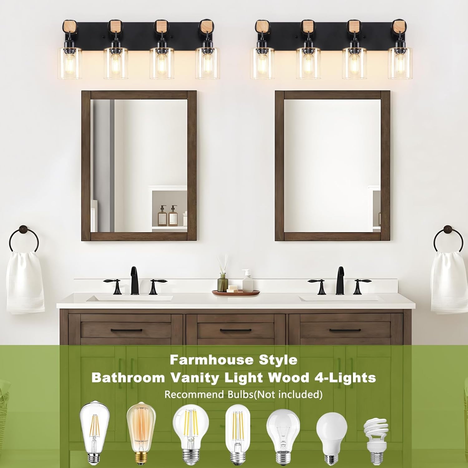 4-Lights Farmhouse Vanity Lights for Bathroom, Matte Black Bathroom Light Fixtures with Clear Glass Shade, Rustic Wood Wall Lighting Fixtures Over Mirror for Bedroom, Living Room, Hallway