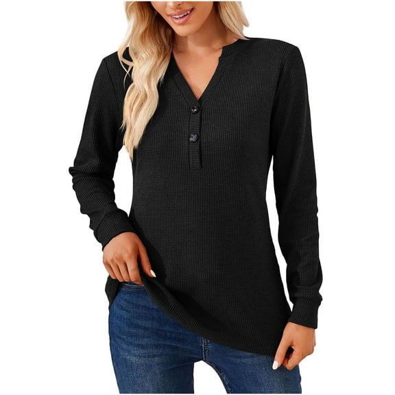 Efsteb Fall Blouses for Women V-Neck Pure Color Casual Button Comfortable Breathable Lightweight Fashion Long Sleeve Tops Loose Blouses Tops Black S