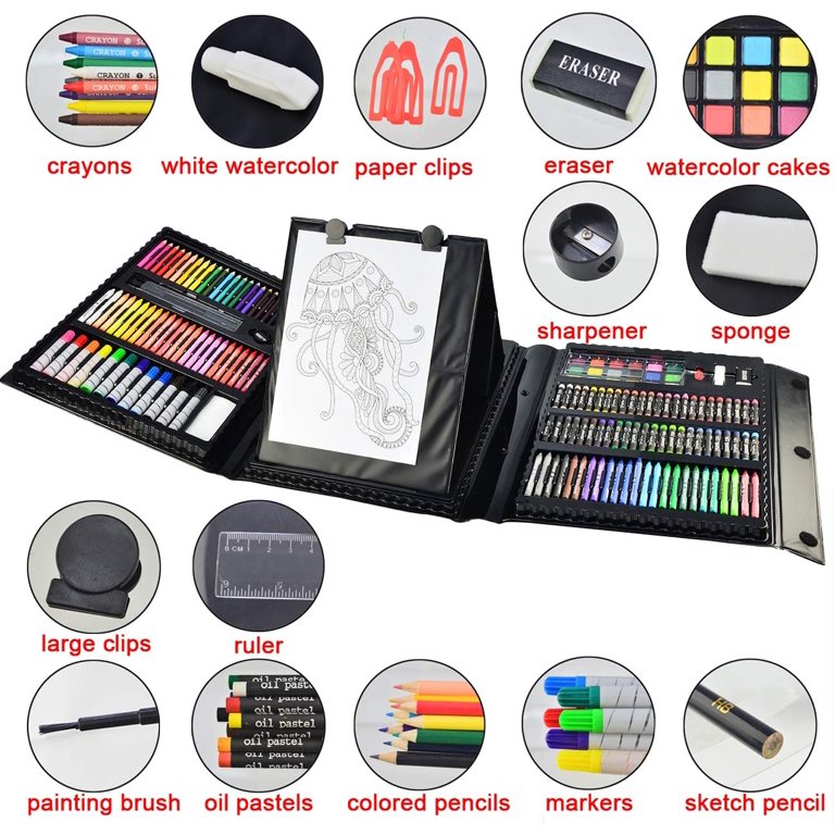Art Supplies, 185 Piece Deluxe Wooden Art Set, Professional Art Kit with 2 Sketch Books, Crayons, Oil Pastels, Colored Pencils, Watercolor Paints, Cre