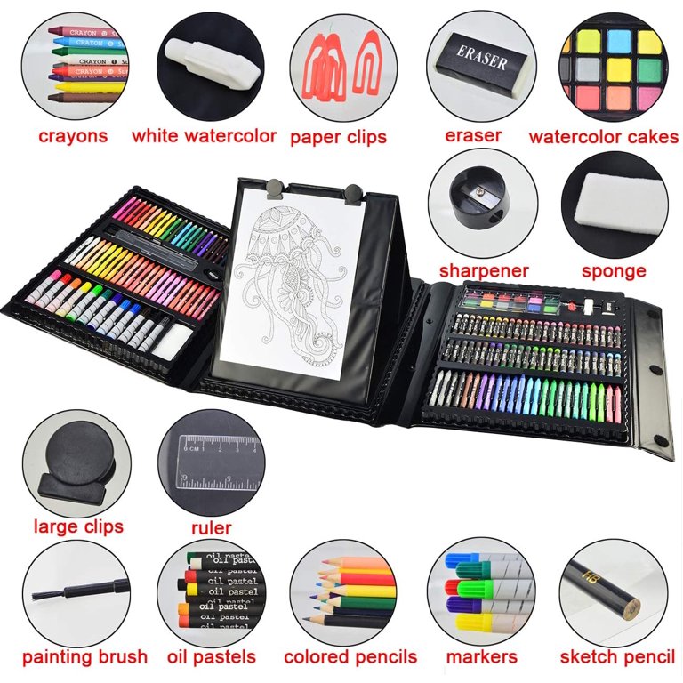 Art Supplies, 215-Piece Art Set Crafts Drawing Kit with Trifold Easel,  Includes Preprinted Paper, Oil Pastels, Crayons, Colored Pencils, Smock &  More