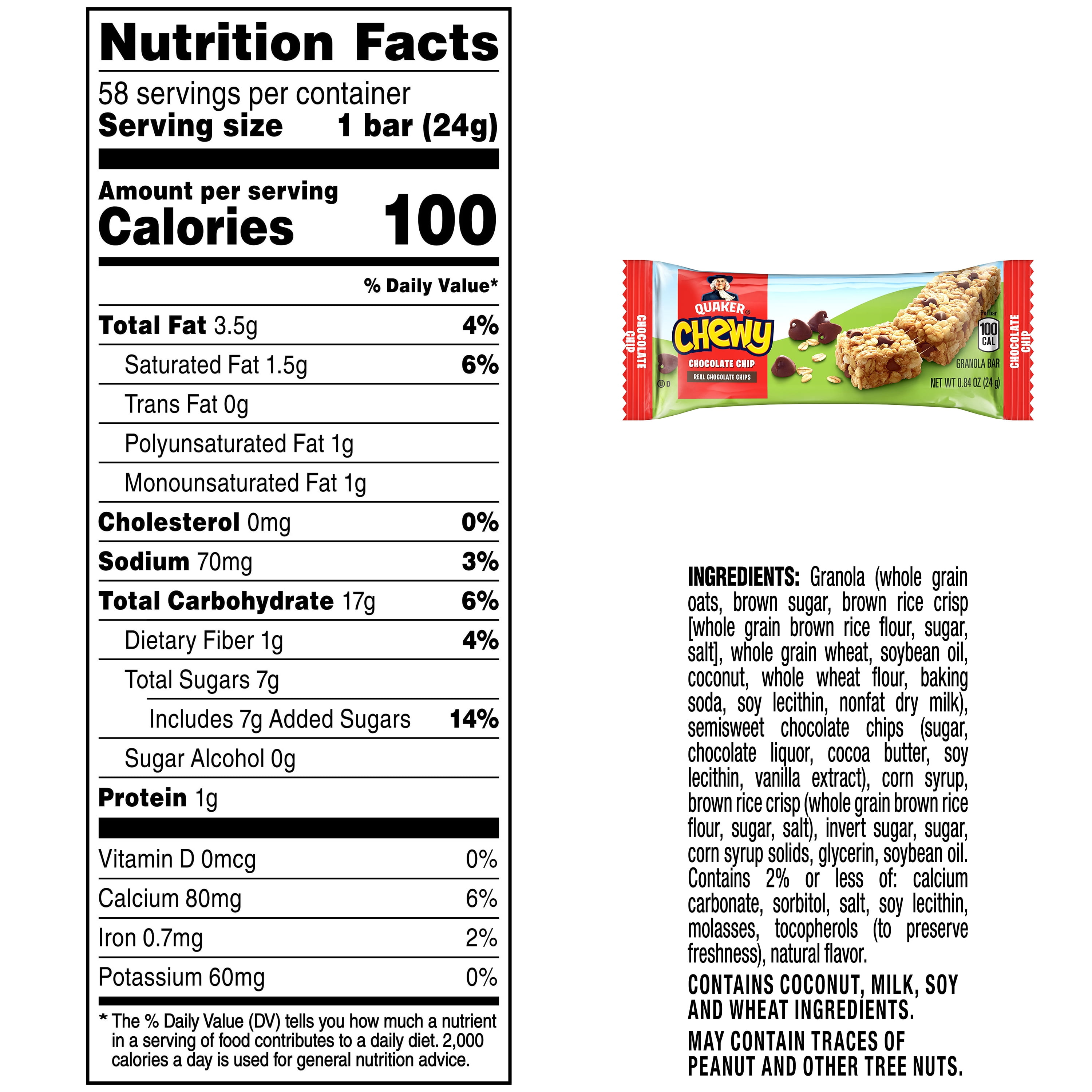 Quaker Chewy Granola Bars, Chocolate Chip, 58 Count