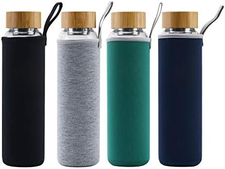 Jointown Glass Water Bottle 32 oz Wide Mouth with Sleeve Bamboo Lid Motivational Water Bottle With Time Marker Reusable Safe for Hot Cold Drinks Bpa Free (Navy Blue)