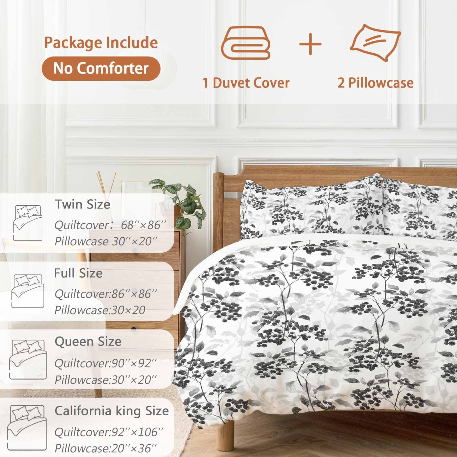 Black Gray Fruit Bedding 3 Piece Duvet Cover Set California King, Vintage Plant Nature Botanical Flower Soft Microfiber Comforter Cover with Zipper Closure & Pillowcases, FadeResistant Quilt Cover