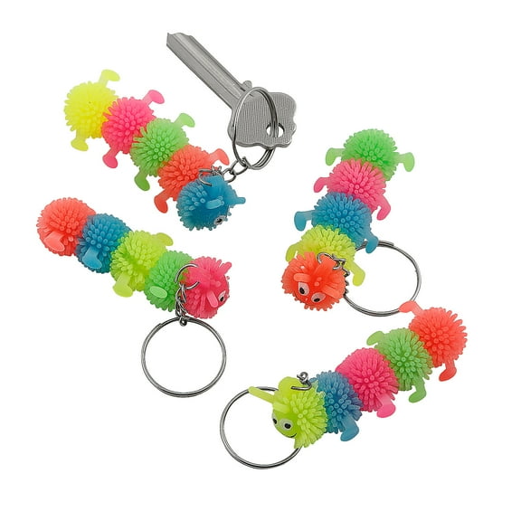 Fun Express 3" Bright Color Spikey Rubber Caterpillar Keychains - 24 Pieces