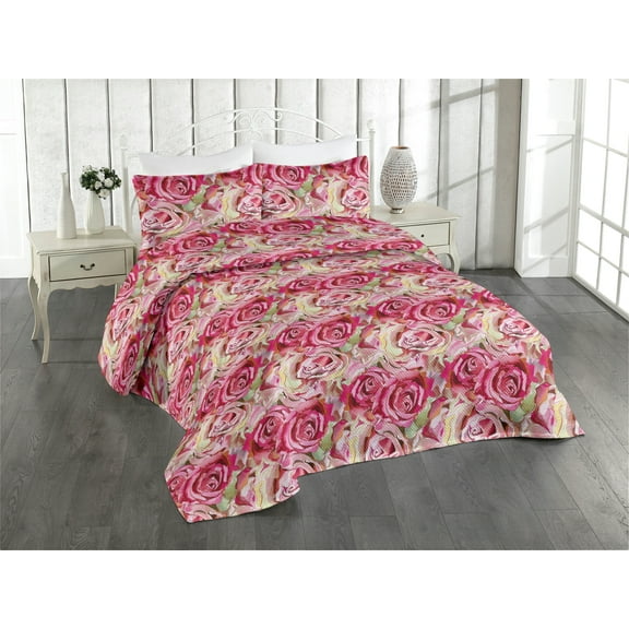 Ambesonne Rose Pattern Quilted Bedspread Set 3 Pcs, Vintage Garden Flowers, King, Dark Coral Pale Pink