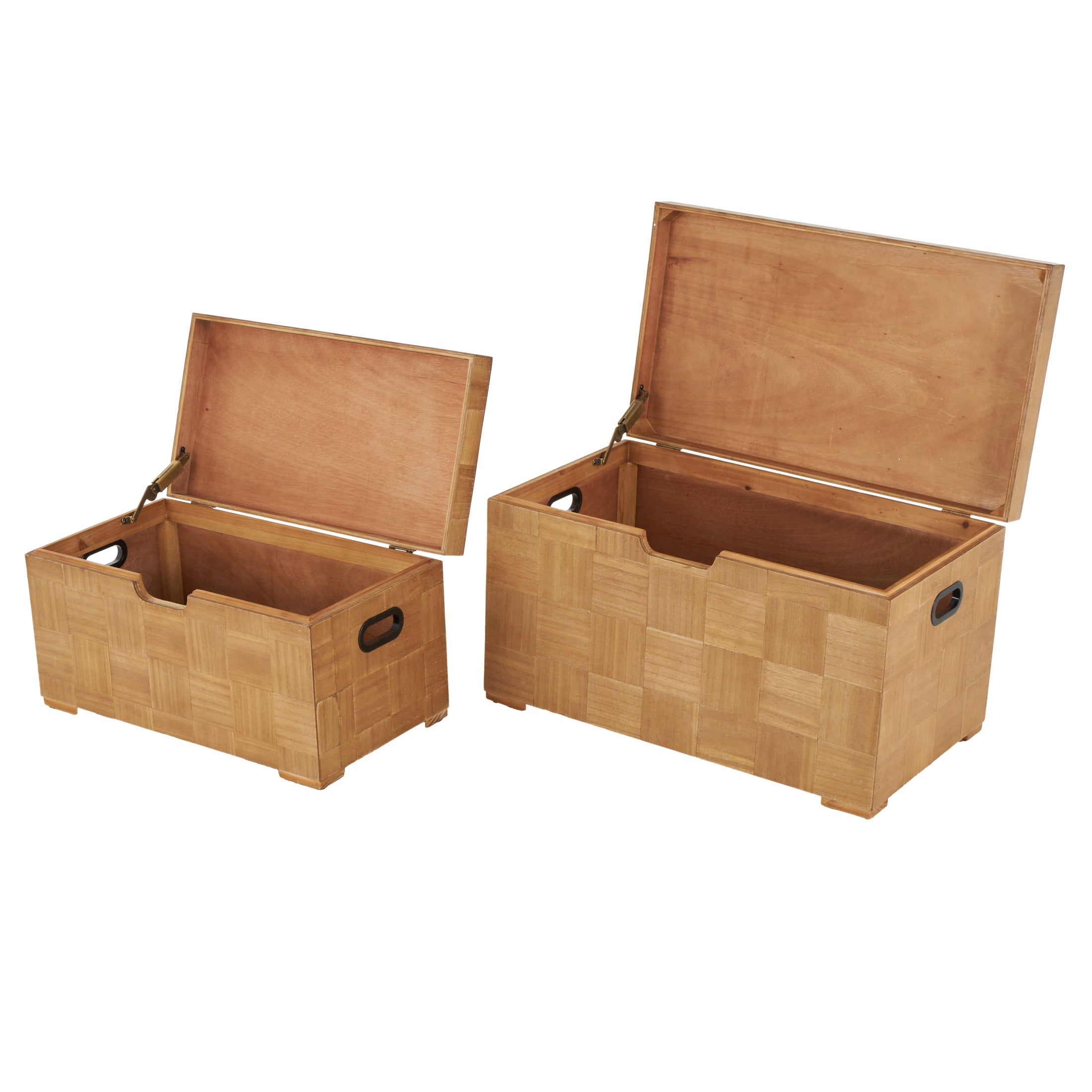 DecMode 28" x 16" Brown Wood Handmade Trunk with Black Metal Accents and Square Patterns, 2-Pieces