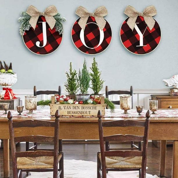 XINQIHANG Christmas Decorations Joy Sign Buffalo Check Plaid Wreath for Front Door Rustic Burlap Wooden Holiday Decor for Home Window Wall