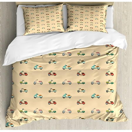 3 Piece Scooter - Urban King Size Duvet Cover Set, Cartoon Style Pattern with Colorful Scooters Retro Transportation Vehicles Traffic, Decorative 3 Piece Bedding Set with 2 Pillow Shams, Multicolor, by Ambesonne