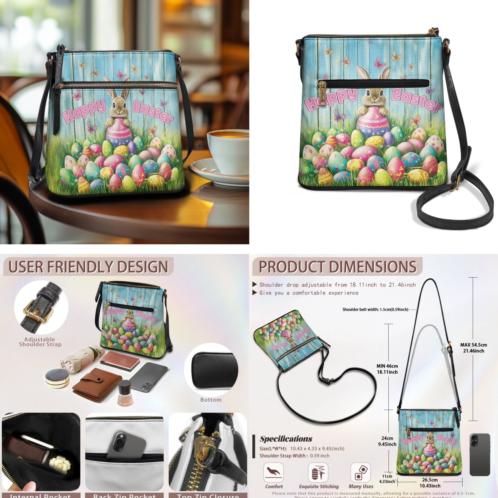LedBack Rabbit Crossbody Satchel Purse and Wallet Set for Women, PU Leather Easter Eggs Hobo Bag Sling Shoulder Purse Multi Pocket Messenger Purse Wallet Set, Blue (Happy Easter)