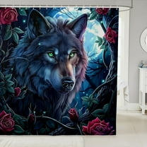 Wolf Shower Curtain Red Rose Floral Bath Curtain Boho Exotic Gothic Style Bathroom Decor 3D Animal Wolf Waterproof Curtain Cool Wolf Print Shower Curtain,72" W x 72" L