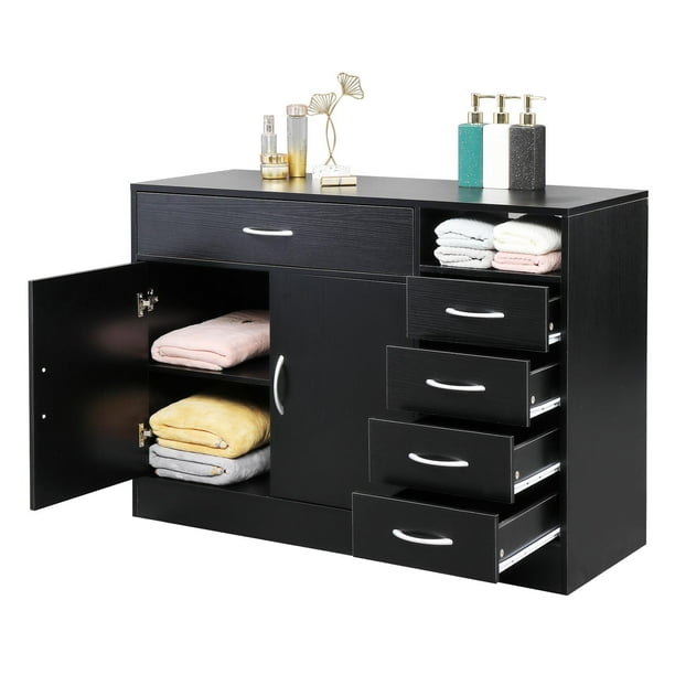 Zimtown Gabinete de almacenamiento independiente moderno, Gabinete de piso de baño, Gabinete de peluquero, Aparador de buffet de cocina, Gabinete de acento, Acabado negro Zimtown Contemporáneo