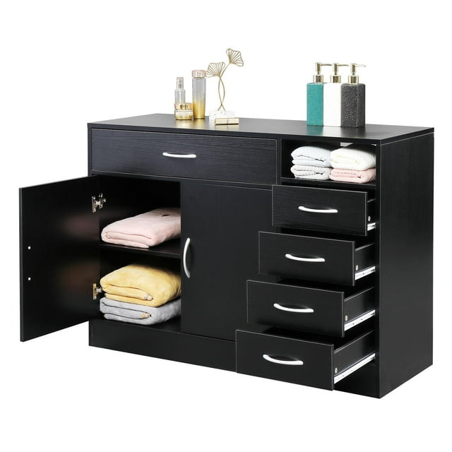 Zimtown Gabinete de almacenamiento independiente moderno, Gabinete de piso de baño, Gabinete de peluquero, Aparador de buffet de cocina, Gabinete de acento, Acabado negro Zimtown Contemporáneo