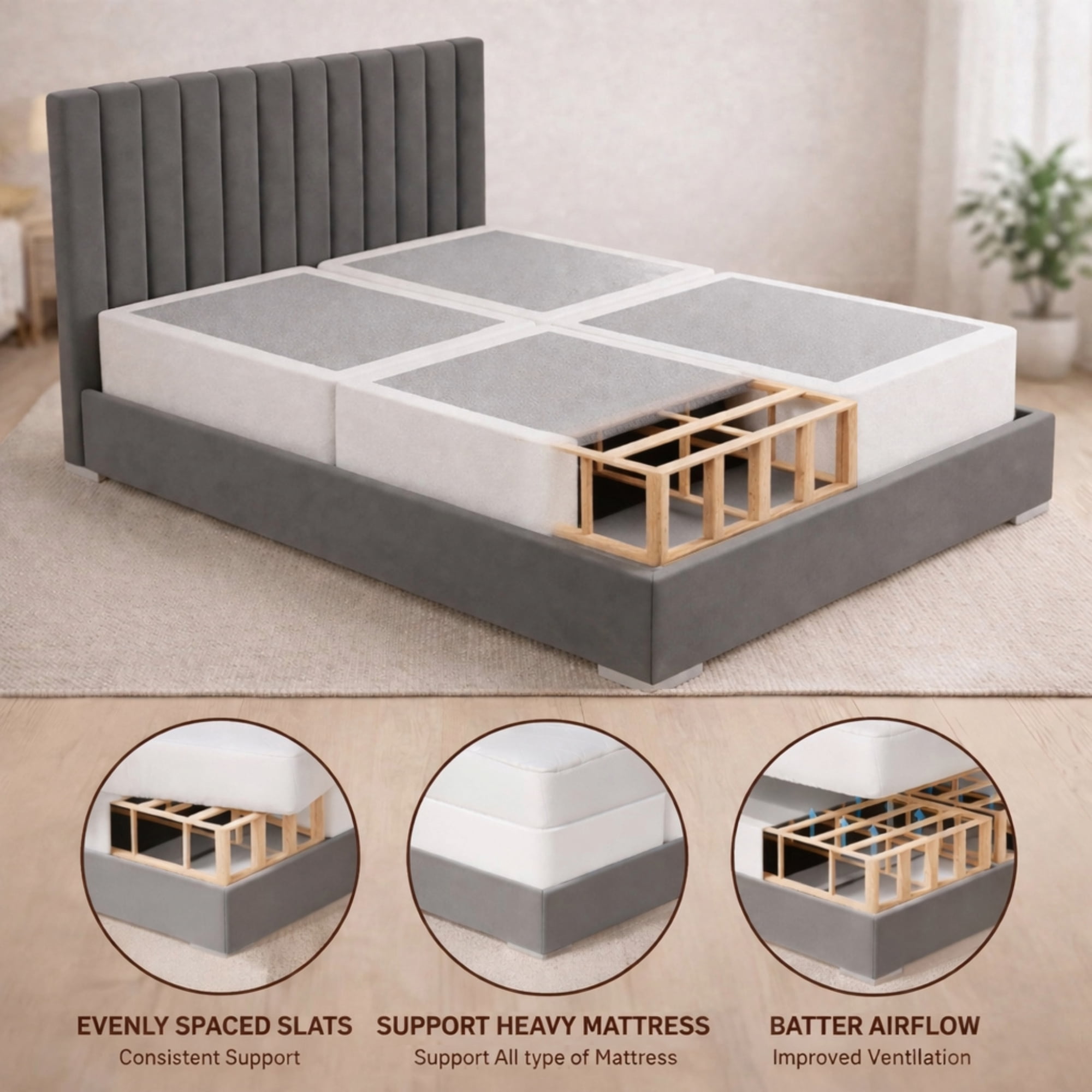 Continental Sleep, Box Spring Bed Base King(Fold) Size, 8-Inch Wood Mattress Foundation, Quiet Noise Free, 4-Pieces Under Mattress Support BoxSpring, Fully Assembled, White