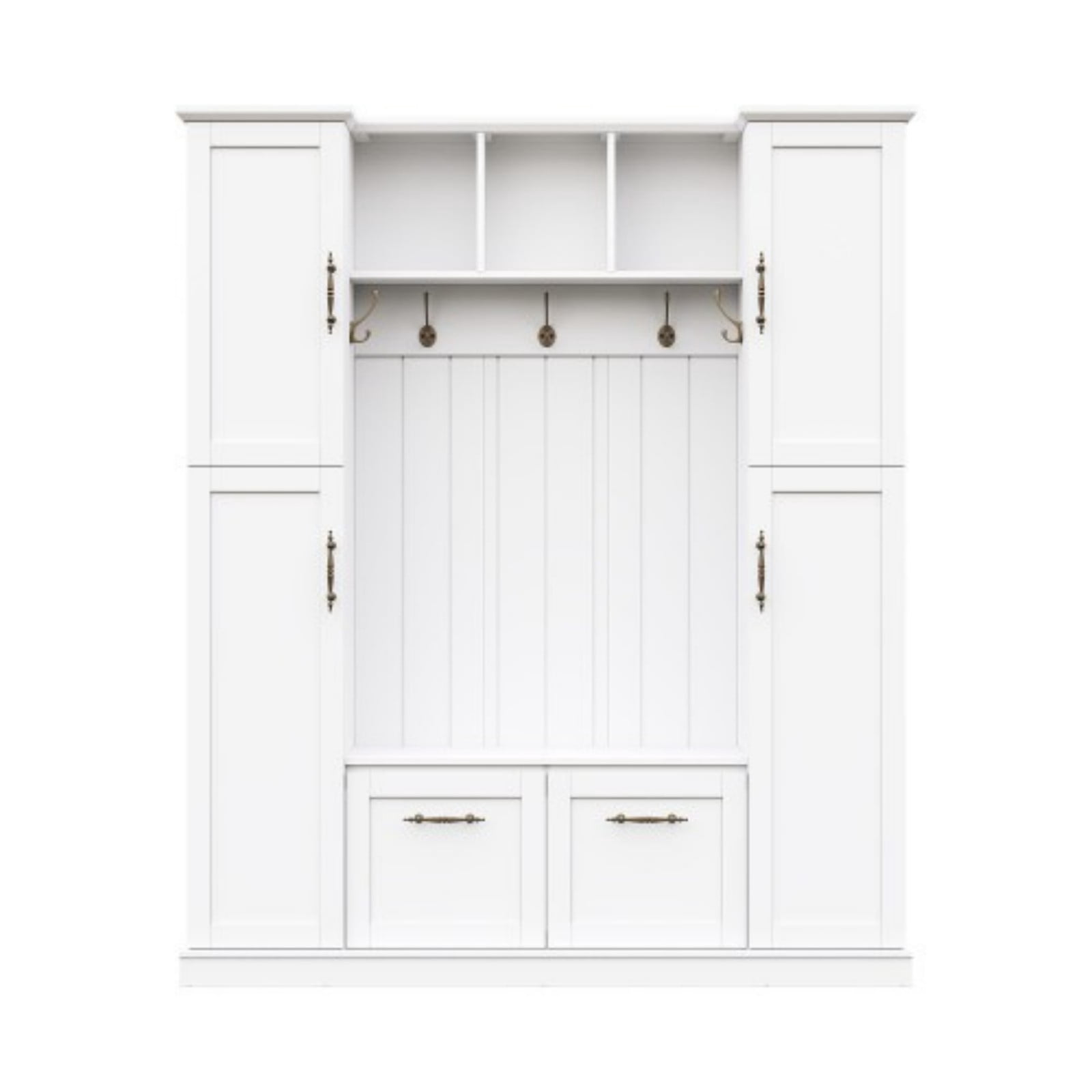 Farmhouse Entryway Hall Tree with Bench, All-in-One Mudroom Storage Cabinet with 4 Side Cabinets, Adjustable Shelves, Open Cubbies & 5 Hooks, Beadboard Coat Rack for Hallway, White