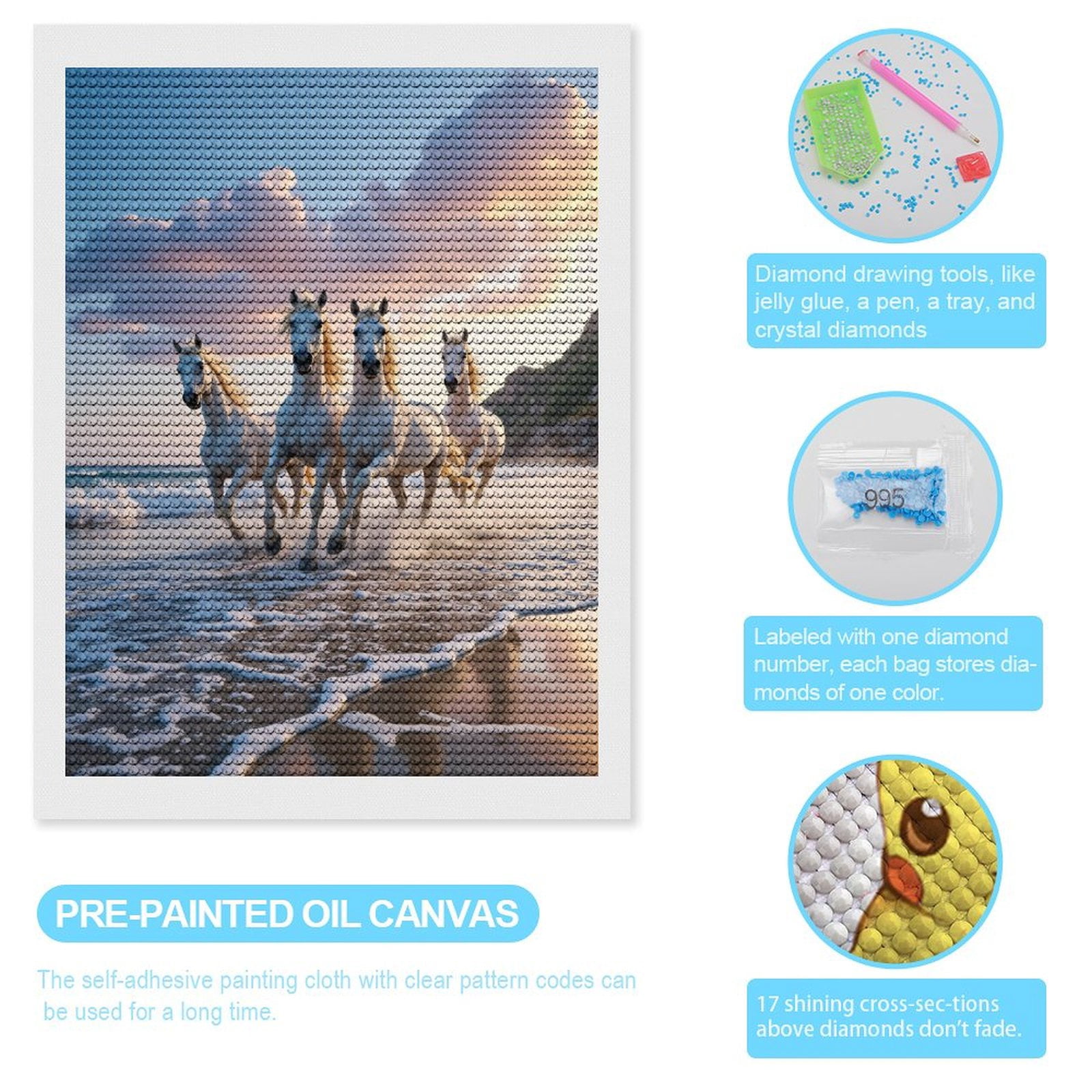 Diamond Art Kits for Adults, White Horses Running On Beach 5D Diamond Painting Kits for Adults Beginners, DIY Full Drill Diamond Painting, Gem Art and Crafts 12x16