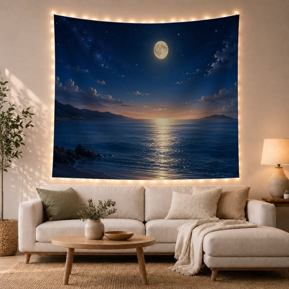 Full Moon Over Starry Night Ocean, Calming Celestial Art for Ocean Lovers, Ocean Night Wall Art, Housewarming Gift, Tapestry Wall Hanging for Bedroom, Living Room and Dorm