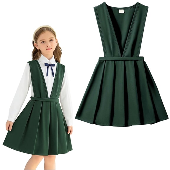 Girls School Dresses V-neck Pleated Jumper Dress Sleeveless Green Dresses Girls Clothes 8-9 Years