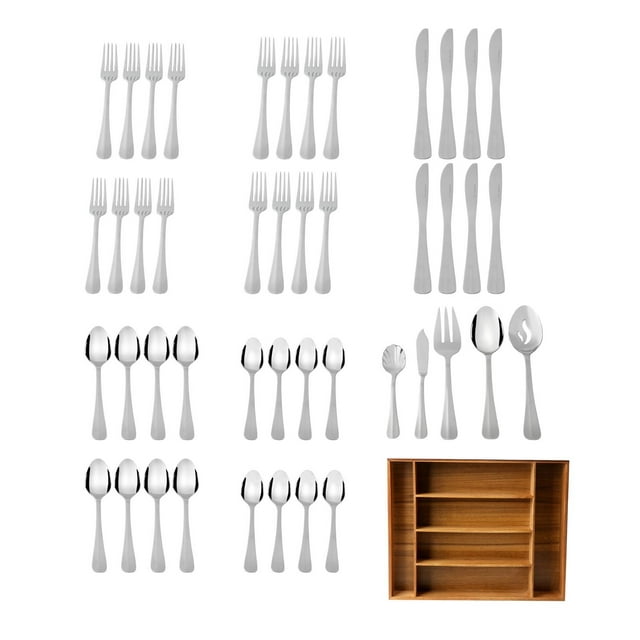 Mainstays Splendent 46 Piece Stainless Steel Flatware Set with Wooden Tray Organizer, Silver Tableware