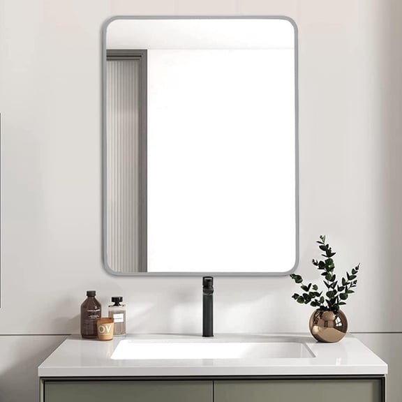 TOPCOMFY Mirrors Rectangular 24x32 Inch Bathroom Wall Mirror Silver Metal Frame