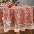 thumbnail image 4 of Hand Block Printed Tablecloth, Colorful Floral Print, Indian Artisan Handmade Art, Dining Room, Kitchen, Outdoor Party Decor, 100% Cotton, (Dark Salmon Pink, 90 Inches Round, 8 Napkins), 4 of 8