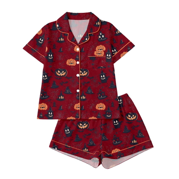 WOYY Girls Matching Halloween Pajamas Short Sleeve Button Down Sleepwear Set, Sizes 3-14