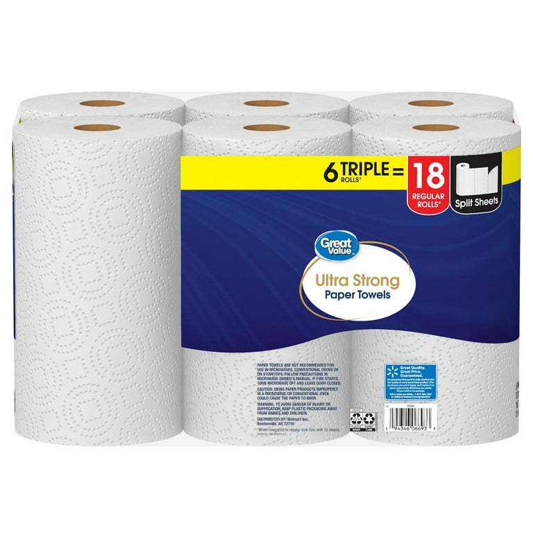 Great Value Ultra Strong Paper Towels, Split Sheets, 2 Double Rolls