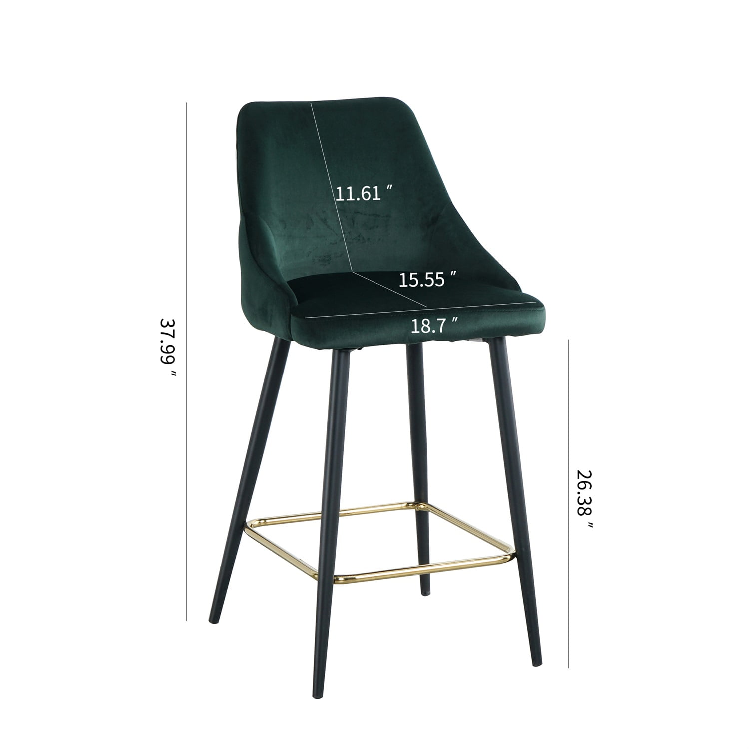 Kadyn Upholstered High Bar Stool Chair Set of 2, Modern Foam Bar Stools with Gold Legs, Bar Dining Chair for Dining Room, Green