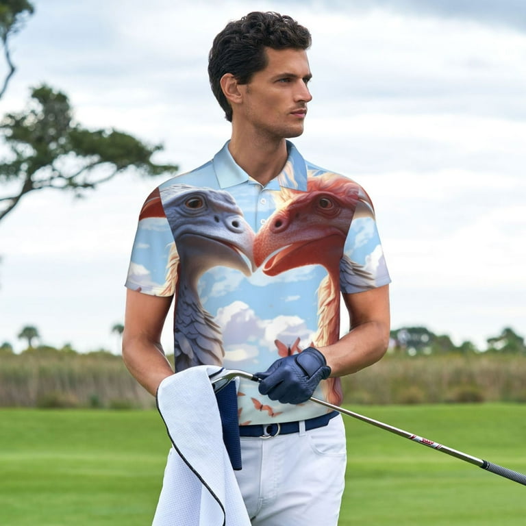 Balery Red And White Bird Couple Printed Men's Short Sleeve Polo