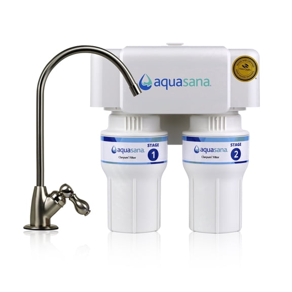 Aquasana Under Sink Water Filter | 2-Stage Filtration | Reduces up to 99.99% of PFAS, Lead, Chlorine, Cysts, & More | Under Counter Drinking Water Filter | Brushed Nickel Faucet | AQ-6200-BN