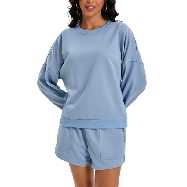 Conjuntos de sudadera cortos para mujer ATHLECHIC, conjuntos de sudadera con mangas de murciélago, conjunto de lounge casual, chándal M gris azul