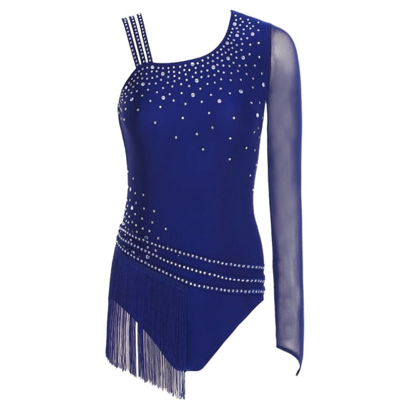 SiiRoh Gymnastics Leotard for Women Asymmetric Shoulder Fringe Rumba Salsa Latin Jazz Dance Leotard Navy Blue S