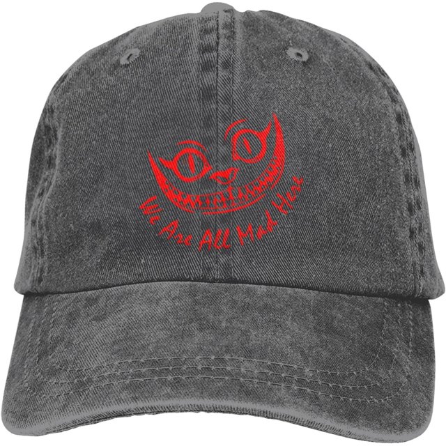 We're All MAD HERE Hat Distressed Cotton Washed Baseball Cap Black Funny Denim Hats Unisex Adjustable