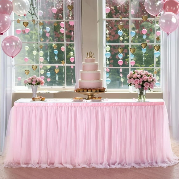 6ft Pink Tulle Table Skirt for Baby Shower, Tablecloth for Rectangular or Round Tables