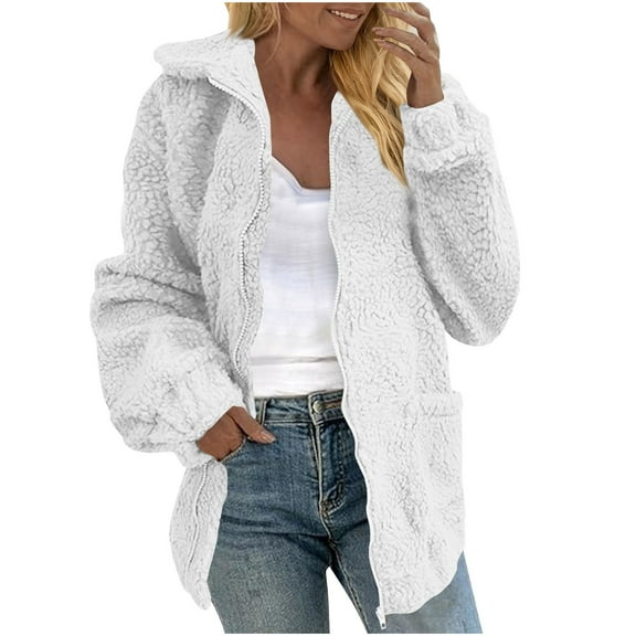 XPMWRP Women's Solid Color Fleece Jacket Full Zip Up Long Sleeve Casual Lapel Coat Fall Winter Soft Warm Trendy Coats with Pockets White S