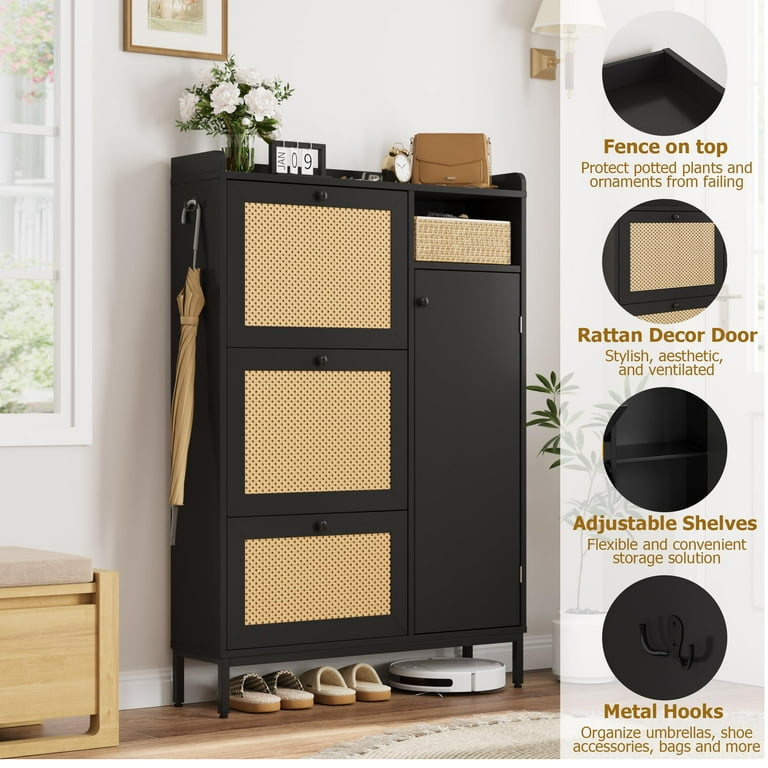 AOILE Rattan Shoe Cabinet with Flip Drawers, Narrow Freestanding