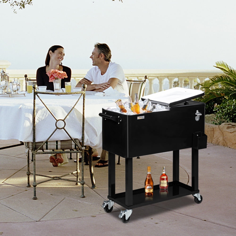 VINGLI 80 Quart Rolling Ice Chest, Steel Drink Cooler Cart for Patio Party Bar Beverage Pool with Bottle Opener, Shelf(Black)