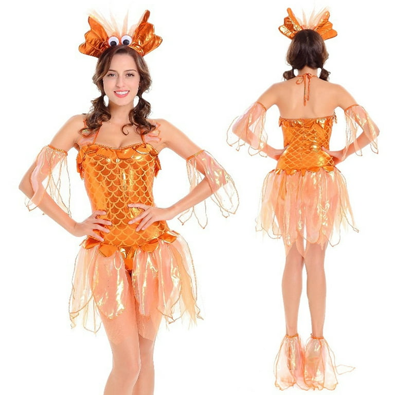 GuliriFei Fashion Little Goldfish Costume Set Women Fish Scales Halter  Bodysuit for Halloween Party Cosplay