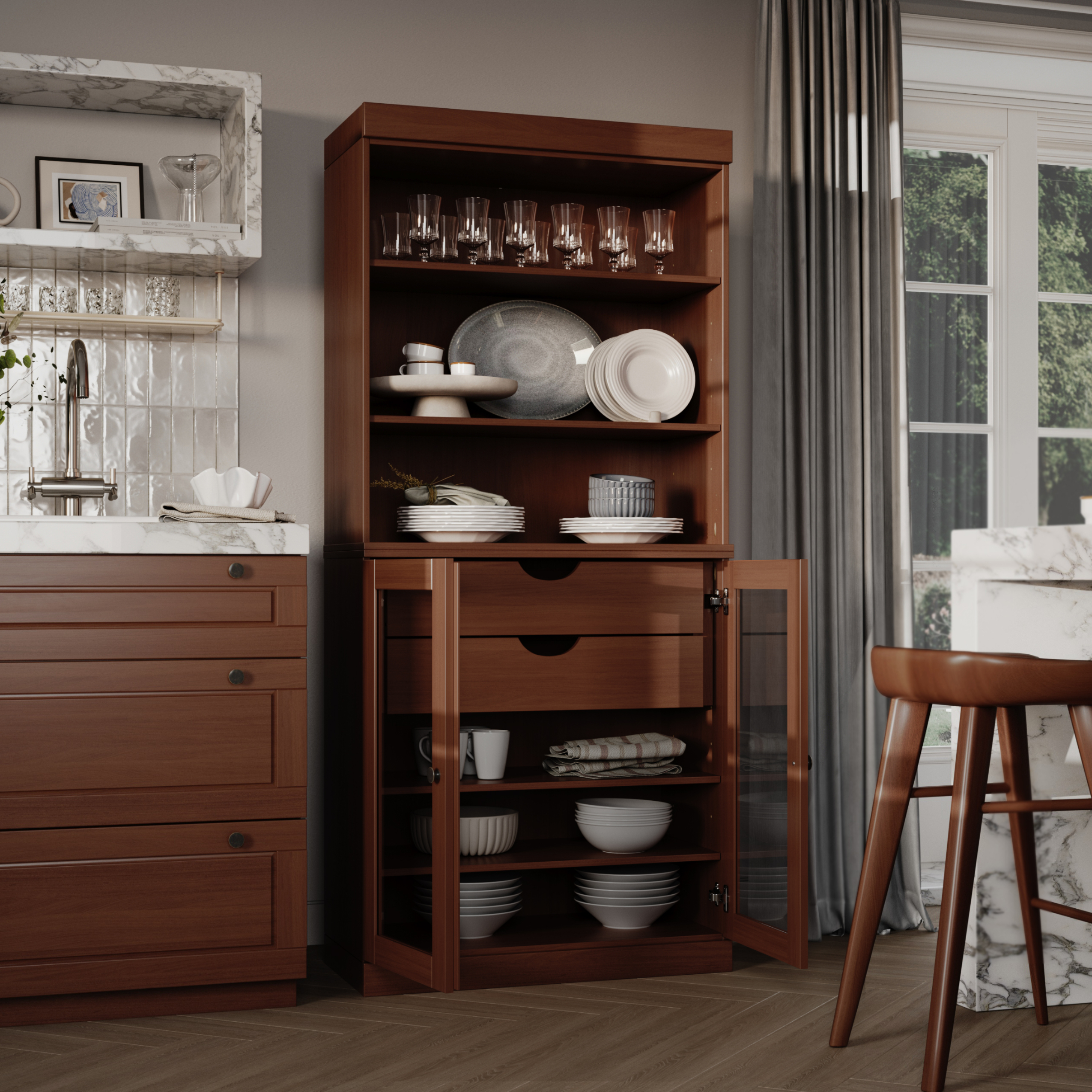 Palace Imports 100% Solid Wood 32" Kitchen Pantry Storage Cabinet with Glass Doors, Adjustable Shelves and 2-Drawers, Mocha