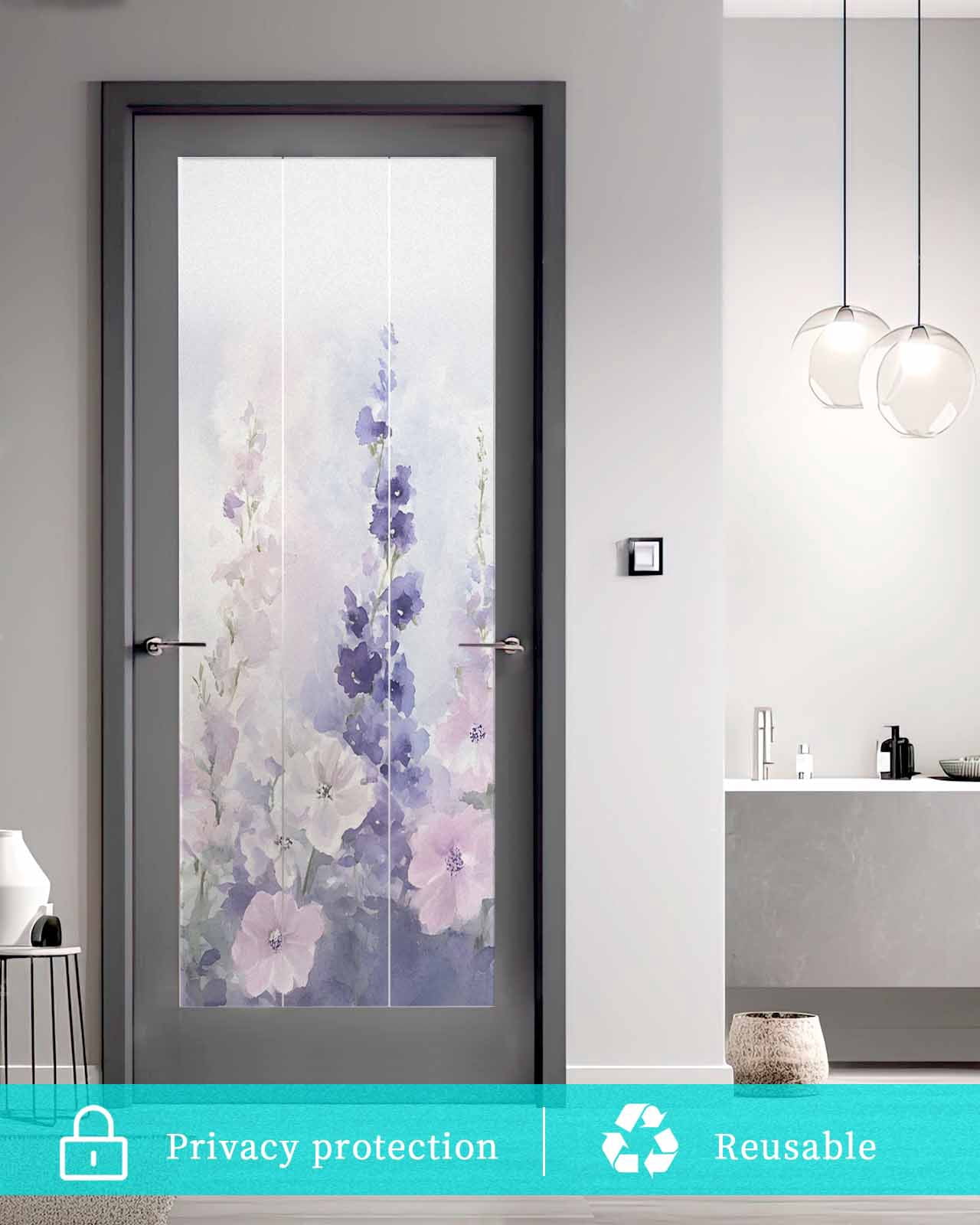 Window Privacy Film Lavender Stained Glass Window Film Decorative Sun Block Window Cover Pastoral Pastel Purple Pink Wildflower Window Clings Static Adhesive Sticker for Bathroom 23.6"x59"