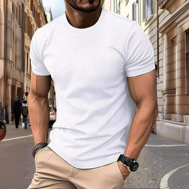 Playera Elvqul Hombre Manga Corta Casual de Color Sólido Gym Botones Solapa Blanco