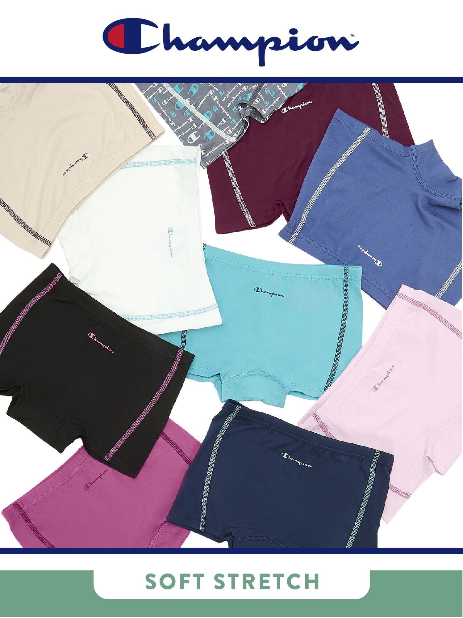 Champion Girls’ Softest Touch Boyshorts, 5 Pack, Sizes XS–XL